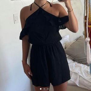 Black Ruffled High Neck Casual Hollister Romper